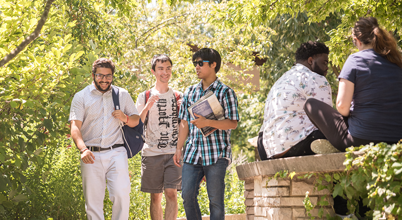 Students walking on campus on a sunny day.